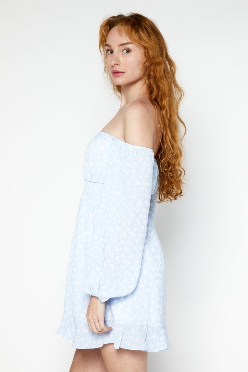 NA-KD Women Floral Print Mini Drees, Light Blue - Image 4